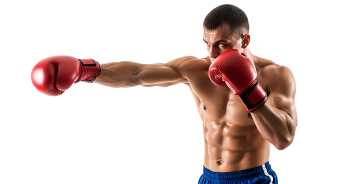 Muscular boxer throwing a punch isolated on transparent background - Powered by Adobe