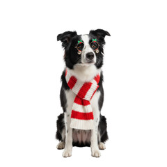 PNG cut out isolated background. A studio portrait of an intelligent Border Collie dog sitting while wearing a festive red and white striped scarf and novelty Christmas glasses.