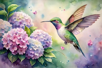 Hummingbird gracefully hovers near delicate hydrangea blossoms, a watercolor painting capturing natures beauty and serenity