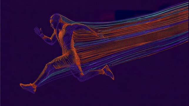 Abstract runner silhouette with dynamic trails against a dark background - Powered by Adobe
