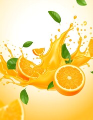 Dynamic shot of an orange juice splash with vibrant fruit slices and leaves