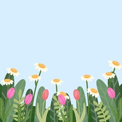 Spring floral field with daisies and tulips on blue sky background. Lovely garden illustration with fresh flowers and green leaves. Perfect for nature and seasonal design.