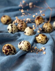 Obraz premium Close-up photo of speckled eggs on a soft, textured blue surface