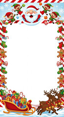 A vibrant Christmas border featuring Santa, elves, reindeer, sleigh with gifts, gingerbread men, and stockings, perfect for holiday greetings.