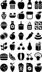Black and white food icons arranged in a grid showcasing various healthy and unhealthy food options