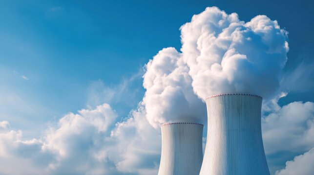 Cooling towers releasing steam against a clear blue sky, showcasing industrial energy production
