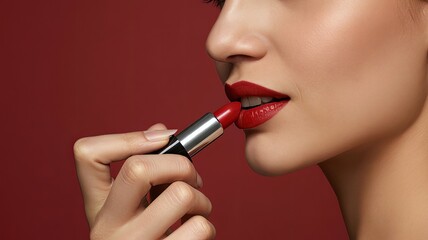 A Close-Up Study of a Woman Applying a Bold, Classic Red Lipstick to Achieve a Look of Timeless Glamour and Confidence.