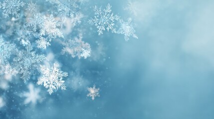 Delicate Snowflakes on Soft Blue Gradient: Cool Winter Aesthetic, Subtle Light Flares, Minimalist Holiday Card Design for Digital Invites, Web Graphics, Social Media