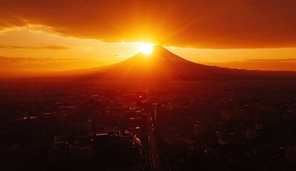 A breathtaking sunset view of Mount silhouetted against an orange sky, with mist in the valleys and foreground trees adding depth