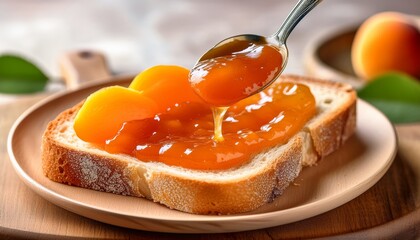 apricot jam on bread a close up shot of a delicious slice of bread being generously spread with a vibrant apricot jam a spoon held above creating a mouthwatering display of culinary delight