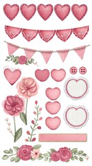 Watercolor pink Valentine clip art set, hearts and bunting garland, buttons 