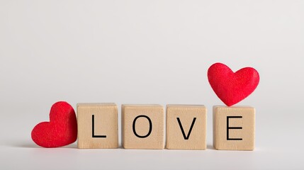 Word "LOVE" made from wooden blocks and two red hearts on a white background