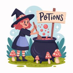 Two Cute Young Witches Making Potions Together Outdoors