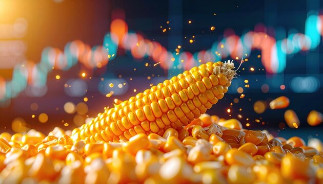 Golden corn kernel bursting with energy symbolizing agriculture, commodities trading, renewable resources and food security with dynamic market background