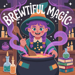 Cute Cartoon Witch Brewing a Potion