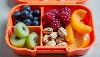 Healthy fruit and nut snacks in an orange lunchbox, perfect for a balanced meal