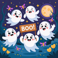 Three Cute Cartoon Ghosts Saying Boo for Halloween Night