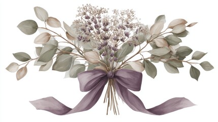 Watercolor lavender and eucalyptus bouquet tied with purple ribbon