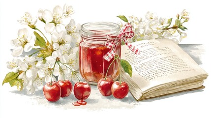 a cherry jam jar with a plaid ribbon 