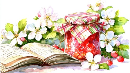 a cherry jam jar with a plaid ribbon 