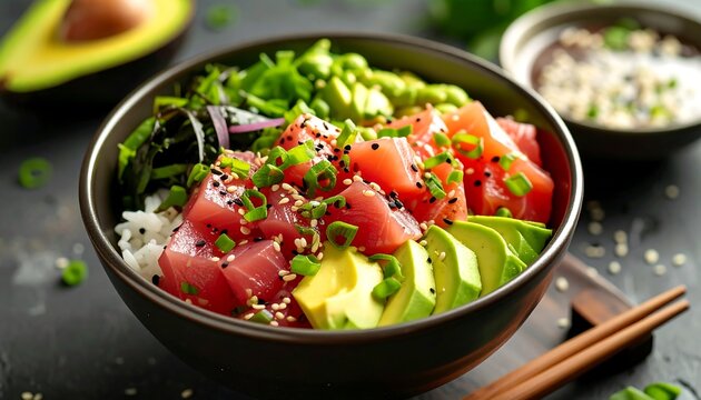 Healthy bowl of tuna poke with rice, avocado, and seaweed