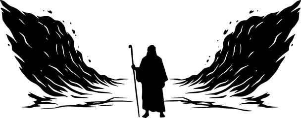Black Vector Silhouette: Moses Parting the Red Sea	A dramatic black vector silhouette depicting Moses standing on a shore with his staff raised, facing the sea, 