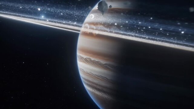 Witness the wonder of Jupiter as it dominates the cosmos. Fly through its majestic rings and marvel at the beauty of distant stars surrounding this giant planet