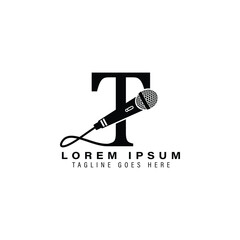Letter T with Microphone Logo Design. Alphabet T Mic Vector Icon