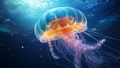 close up of a transparent jellyfish with flowing tentacles in deep blue ocean water with small glowing particles