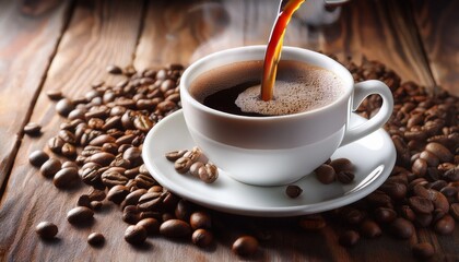 close up of hot black coffee being poured into a white cup surrounded by coffee beans on a wooden surface
