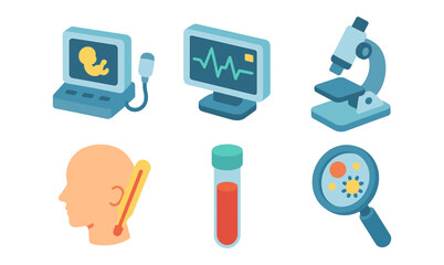 Medical equipment set featuring modern devices and diagnostic tools in isometric style