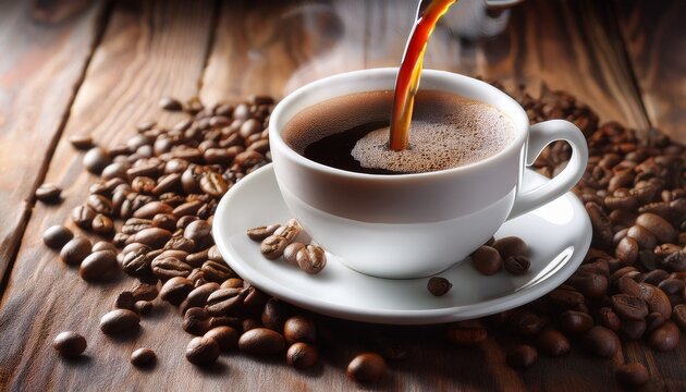 close up of hot black coffee being poured into a white cup surrounded by coffee beans on a wooden surface - Powered by Adobe