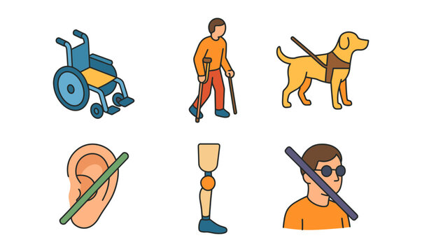 Set of icons representing disability aids and accessibility tools