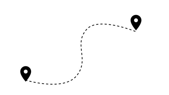 Two location pins connected by a dashed line animation