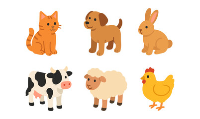 Cute farm animals set featuring cat, dog, rabbit, cow, sheep, and chicken in flat style