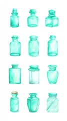 glass bottles in a light green color palette