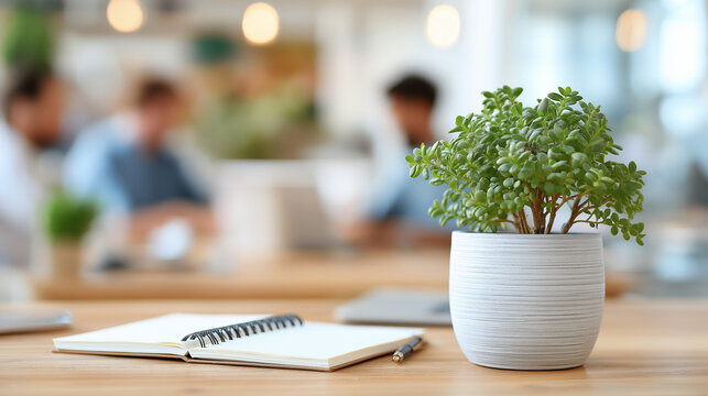 A plant, notebook, and pen with coworkers using laptops