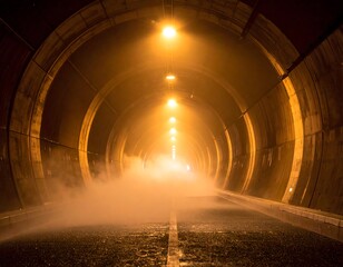 Dark tunnel with warm lighting; illuminated by overhead lamps, filled with haze