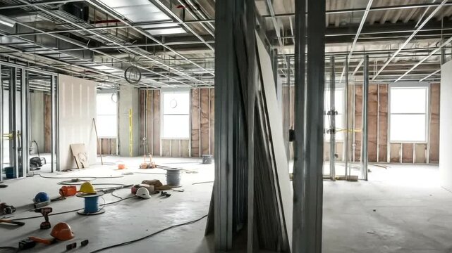 Footage of the process of installing drywall in a commercial building under construction