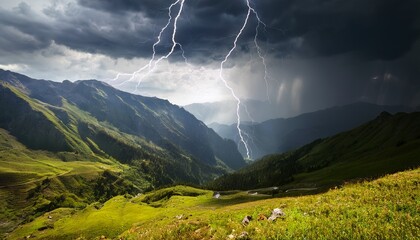 dramatic mountain valley landscape with heavy rainfall and lightning strikes under stormy dark clouds during monsoon season
