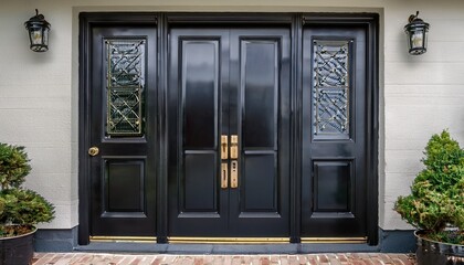 elegant black front door with brass hardware