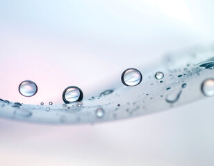 Serene close-up of pristine water drops beading on a smooth, curved surface against a gentle blue and purple backdrop
