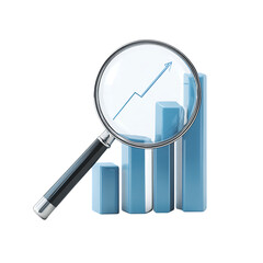 Magnifying glass over blue bar graph isolated on transparent background