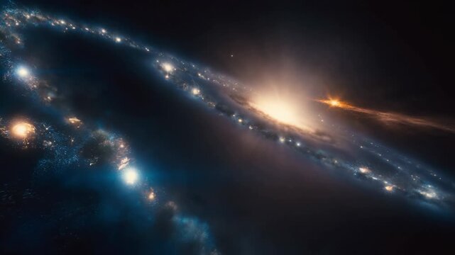 The camera rockets through a collision of two galaxies, stars crashing like storms