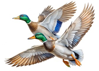 Obraz premium Two mallard ducks flying together isolated on white background, showcasing their vibrant plumage and graceful flight