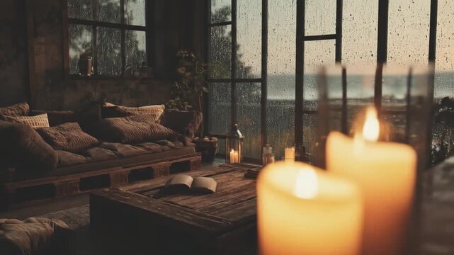 A cozy indoor scene features a rainy window view, candlelit table, and a sofa