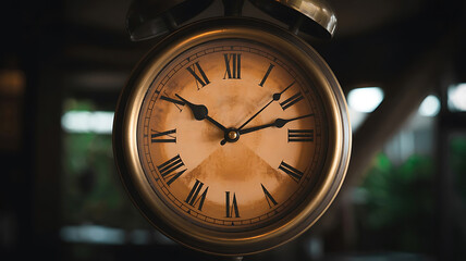 Antique brass alarm clock with roman numerals timepiece