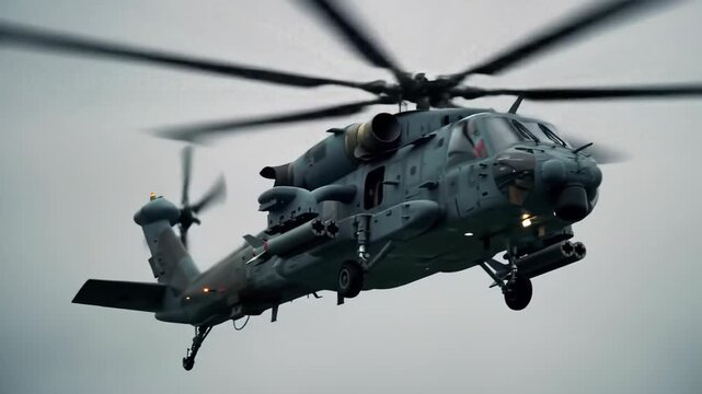 A military helicopter in flight, showcasing its powerful rotors and intricate design against a cloudy sky