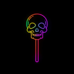 Neon skull lollipop on black background for Halloween theme  
