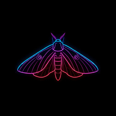 Neon moth illustration with blue and pink lines on black background  